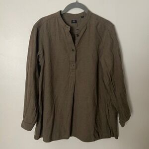 Uniqlo 1/2 Button M EUC Green Cotton Banded Collar Tunic Lagenlook Minimalist